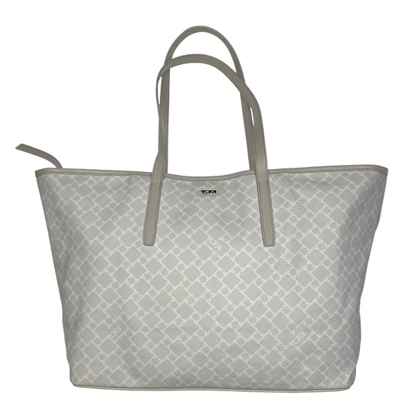 TUMI Everyday Tote Gray Coated Canvas Leather Handles Large Zip Top Travel VGUC